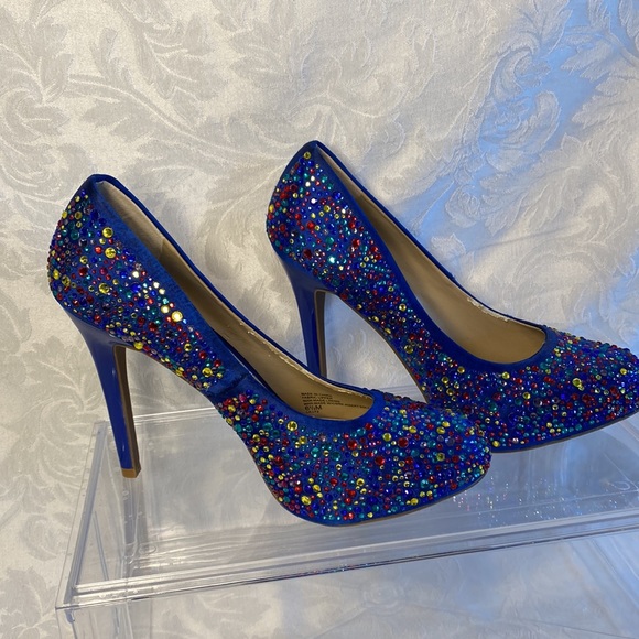 INC international concepts blue satin stiletto heels colorful rhinestones 6 - Picture 5 of 11